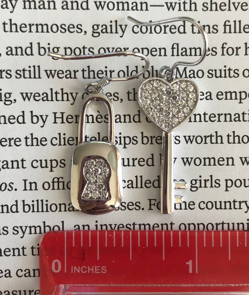 Lock Earrings Uneven Earrings Sterling Silver Earrings Earrings CZ Earrings 925 Earrings CZ Drop Earrings Key Earrings Cute