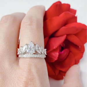 Silver Ring, 925 CZ Ring, Crown Ring, Sterling Silver Crown CZ Ring, Pear Shape Ring, Marquise Shape Ring,