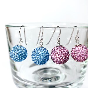 Earrings, .925 Sterling Silver, 13mm Crystal Ball Earrings, Micro Pave, Rhinestone Disco Balls, Polymer Clay Earrings, Dangle Earrings