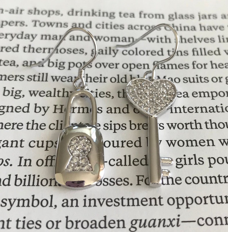 Lock Earrings Uneven Earrings Sterling Silver Earrings Earrings CZ Earrings 925 Earrings CZ Drop Earrings Key Earrings Cute