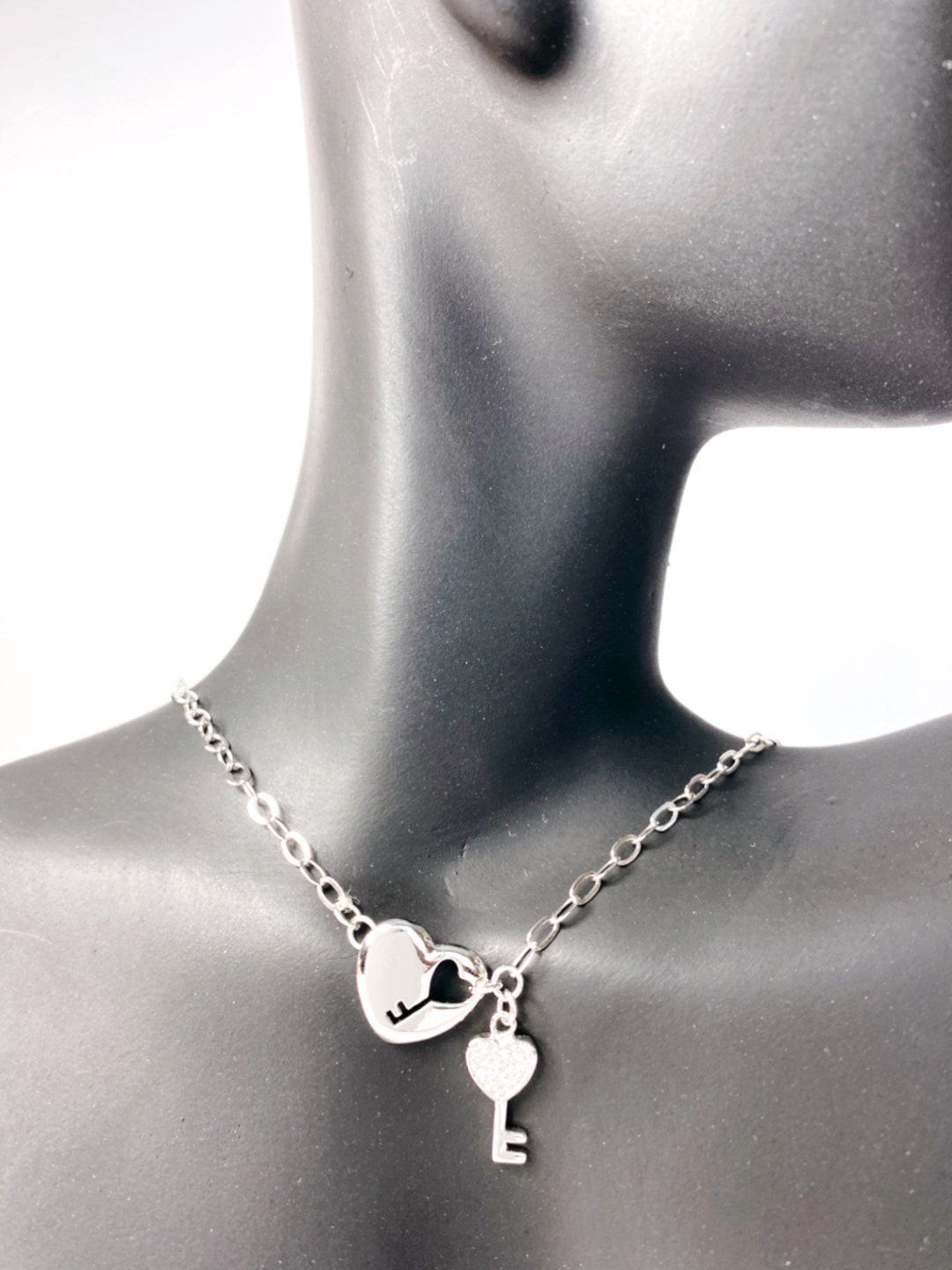 Sterling Silver Heart & Key Necklace, Cubic Zirconia, 19 Inch Chain - Etsy
