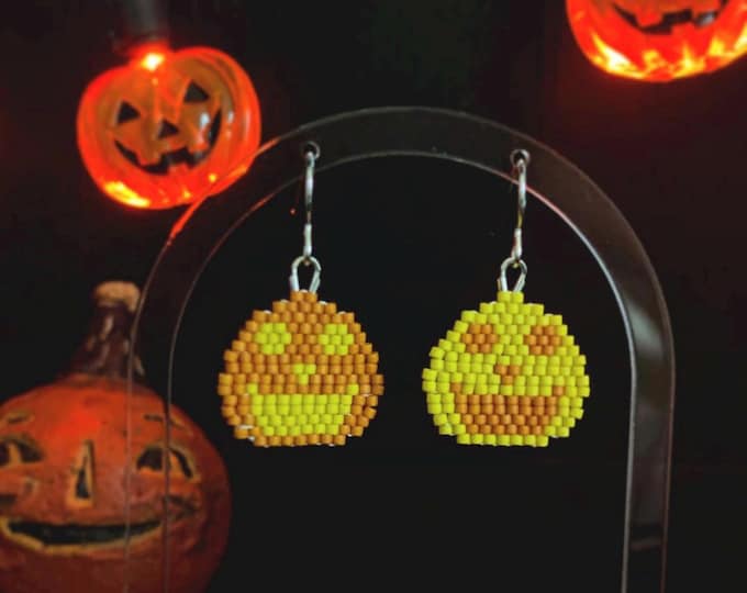 Featured listing image: Pumpkin | Halloween Collection | Jack-o-Lantern | Seed Bead | Handwoven Earrings