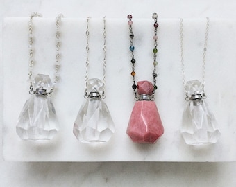 Rhodonite (pink) - Crystal Bottle Necklace | Essential Oil Necklace | Perfume Bottle | Aromatherapy