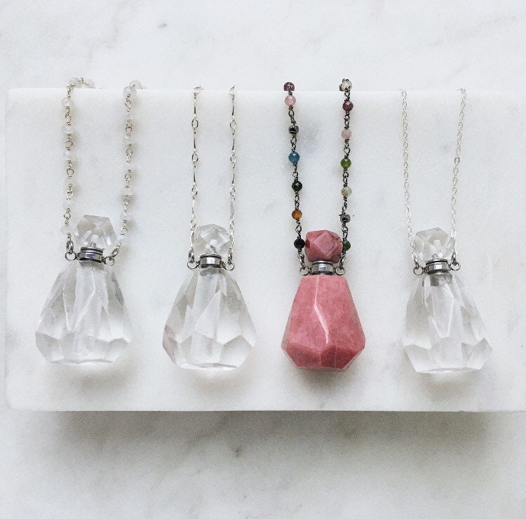 Rhodonite (pink) - Crystal Bottle Necklace | Essential Oil