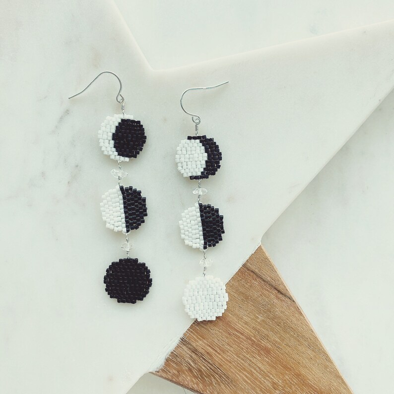 Phases of the Moon with Herkimer Earrings Handwoven Beaded Danglers Blk/Wht Mismatched