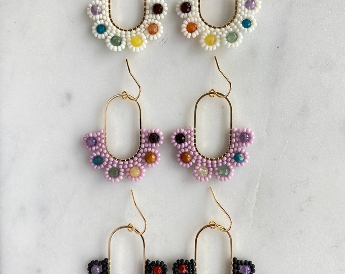Featured listing image: Lily of the Valley | Petal + Stone Wildflower Collection | Earrings | Seed Bead | Gemstones | Handwoven Earrings