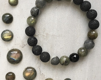 Raven / Essential Oil Diffuser Bracelet - Lava Stones, labradorite, onyx, dark amazonite. You choose size and lava color.