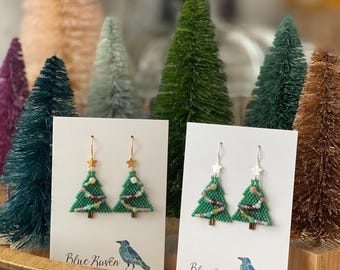 Christmas Tree Earrings with Gemstone Garland | Seed Bead | Handwoven Earrings