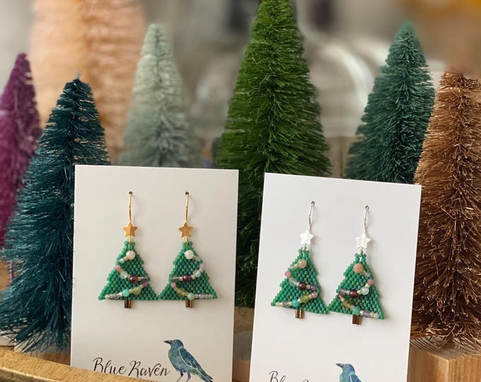 Featured listing image: Christmas Tree Earrings with Gemstone Garland | Seed Bead | Handwoven Earrings