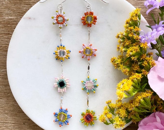 Featured listing image: Daisy Chain MISmatched | Petal + Stone Wildflower Collection | Earrings | Seed Bead | Gemstones | Handwoven Earrings