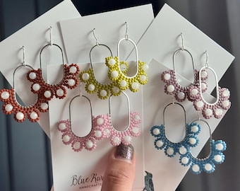 Handwoven Lily of the Valley Earrings with Moonstone Gemstones, Seed Bead Petals