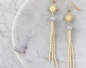 Starburst + Moonstone | Earrings | Seed Bead | Handwoven Earrings
