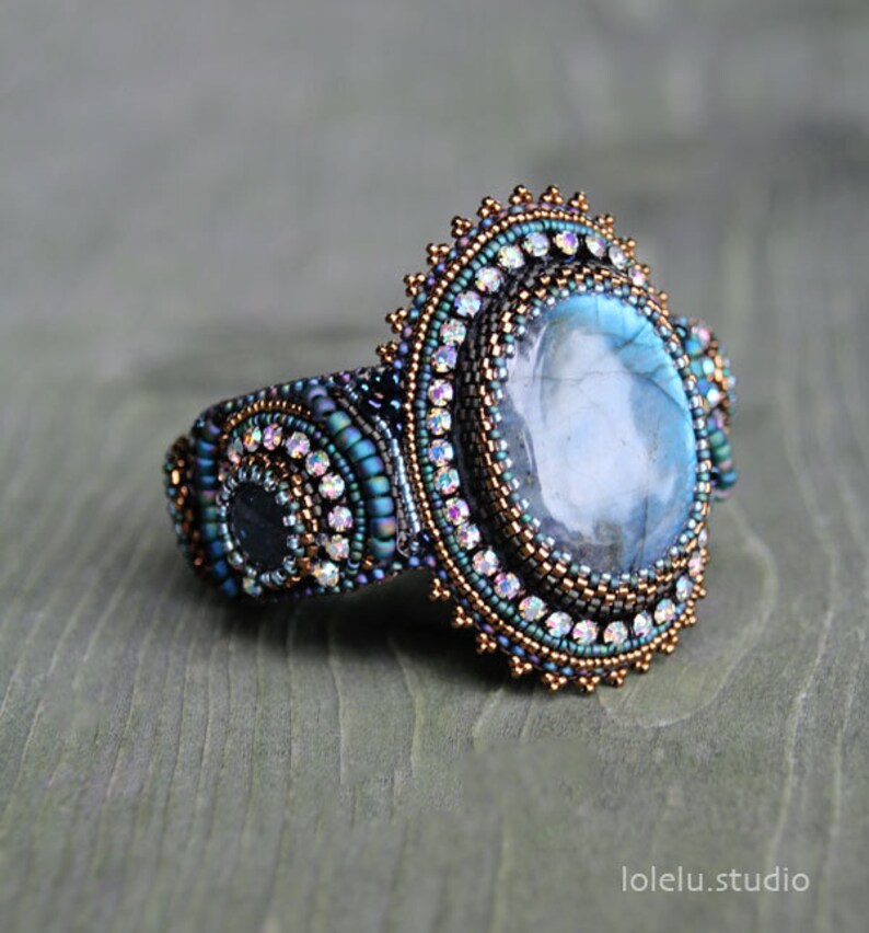 Bead Embroidery Cuff Bracelet with Labradorite Cabochon Bead Etsy