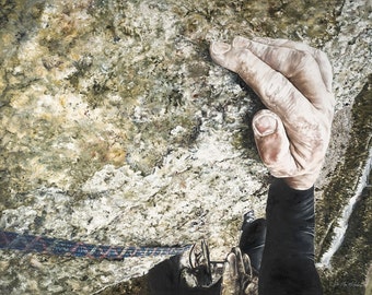 Climbing hands #2; an original oil painting of a rock climber