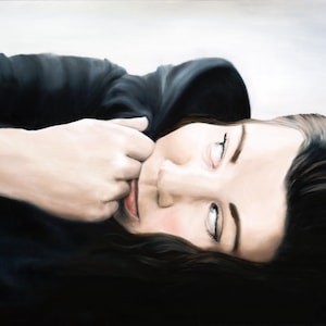 May include: A painting of a woman lying on her back with her eyes open. She is wearing a black jacket and has dark hair. Her hand is near her mouth.