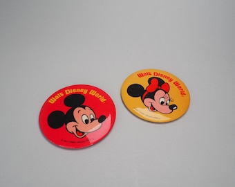 Vintage Walt Disney World Mickey & Minnie Mouse Large Pin Back Buttons Pair