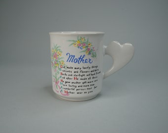 Vintage 1980's  'Mother' Heart Shaped Handle Ceramic Coffee Tea Cup Mug