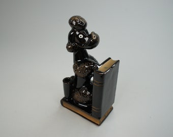 Vintage Black and Gold Ceramic Poodle Bookend and Pencil Holder Made in Japan