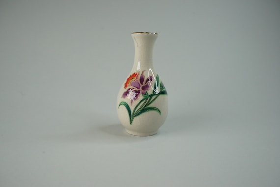 Vintage Miniature Craquelure Glaze Purple Iris Porcelain Bud Vase Made in Japan