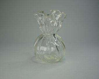 Vintage Clear Hand Blown Pinched Glass Cinch Pouch Bag Shaped Vase