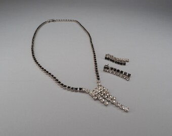 Vintage Art Deco Revival Black & Clear Rhinestone Necklace Earrings Jewelry Set