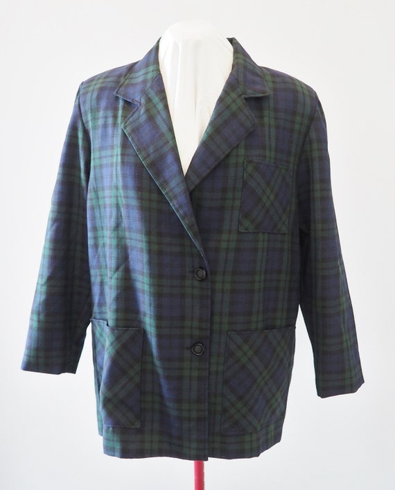 Vintage 80s Boxy Navy Blue and Green Plaid Blazer - image 1