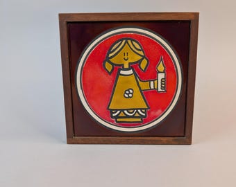 Vintage Mid Century Decorative Framed Tile - Girl Holding Candle