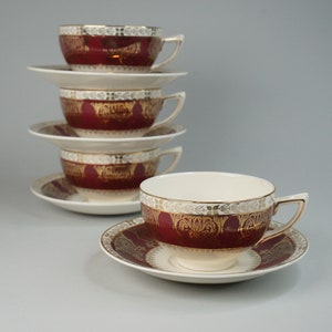 Vintage Crown Ducal A-G-R England Burgundy Gold Porcelain Teacups & Saucers Set of 4
