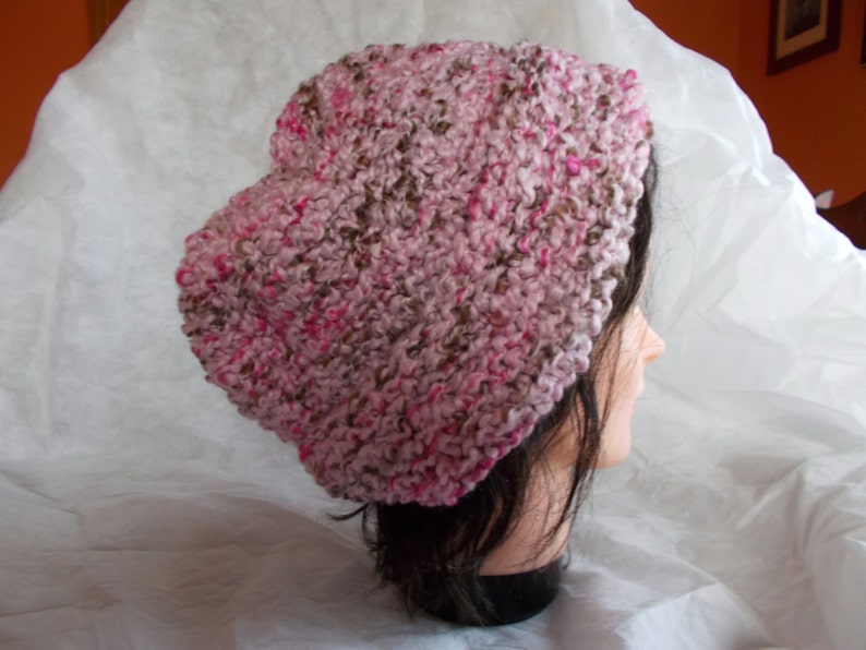 Pink and Brown Slouchy Roll Brim Beanie Winter Hat Women Slouchy Toque Slouchy Hat Hand Knitted Slouchy Beanie Soft Boucle Yarn