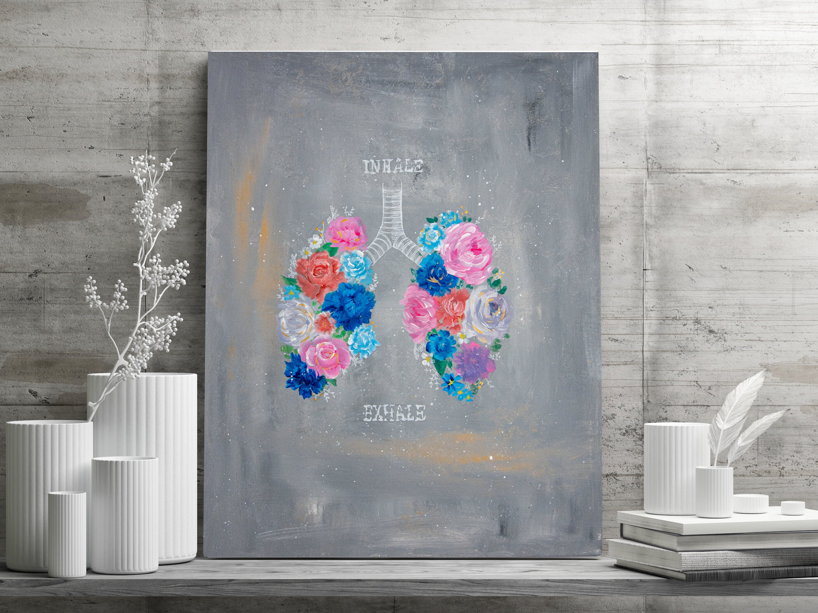 Toile Peinture Inhale/Exhale Poumons Fleurs Anatomie