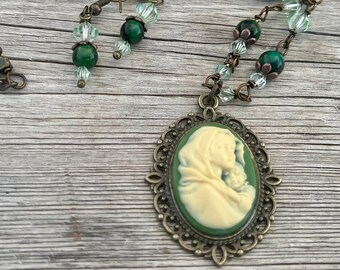 Cameo Blessed Mother Graceful Religious Pendant and Earring Set...Wire-Wrapped, Handcrafted