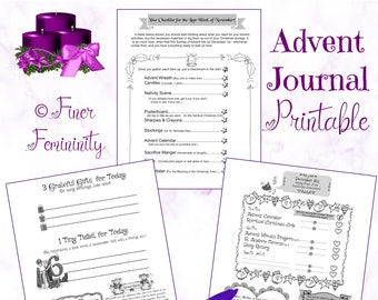 May include: Printable Advent journal with a checklist for the week of November, a section for three grateful gifts, one tiny habit, and a daily prayer log. The journal features a purple and white color scheme with a decorative border.