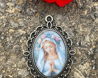 Magnifique centre de table chapelet catholique en cabochon fait main | Cabochon en verre artisanal | Image mariale vintage | Pendentif connecteur en bronze