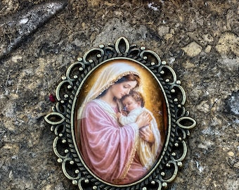 Handcrafted Beautiful Catholic Cabochon Rosary Centerpiece | Handmade Glass Cabochon | Vintage Marian Image | Bronze Connector Pendant