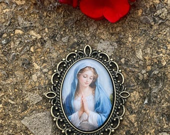 Magnifique centre de table chapelet catholique en cabochon fait main | Cabochon en verre artisanal | Image mariale vintage | Pendentif connecteur en bronze