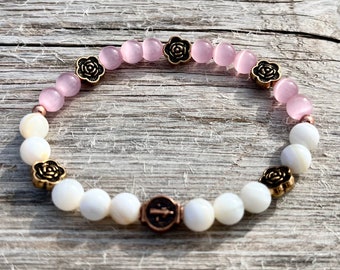 St. Benedict Bracelet ~ Spiritual Protection / Pink Cat's Eye and River Shell with Copper Accents
