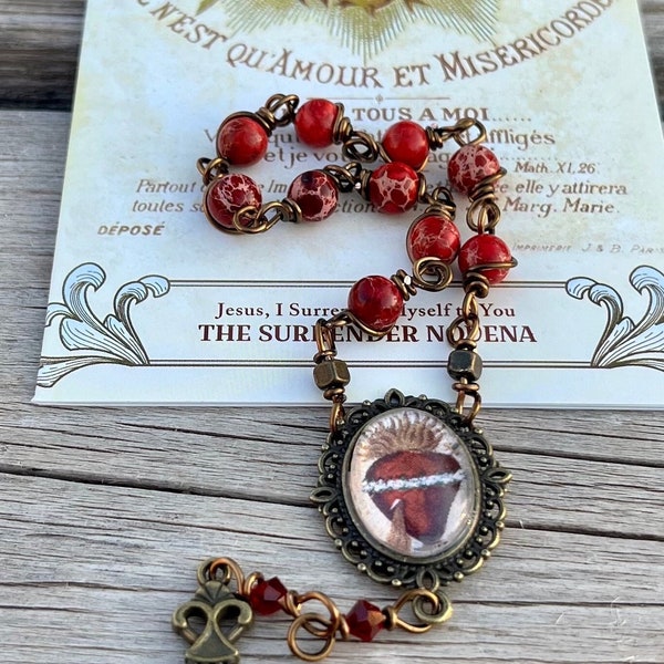 Surrender Novena Prayer Card and Wire Wrapped Chaplet~Catholic Rosary Beads ~ Antique Bronze~ Fr. Dolindo Ruotolo Centerpiece Frame May Vary