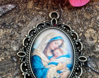 Handcrafted Beautiful Catholic Cabochon Pendant | Handmade Glass Cabochon | Vintage Marian Image | Bronze Connector Pendant