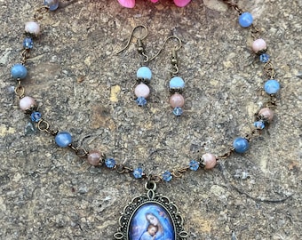 Blessed Mother Graceful Religious Pendant and Earring Set...Wire-Wrapped, Handcrafted