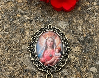 Pendentif cabochon catholique artisanal | Cabochon en verre fait main | Image mariale vintage | Pendentif connecteur en bronze