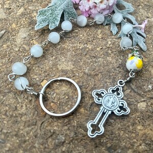 Elegant White Cat’s Eye Decade Penal Rosary St. Benedict Cross