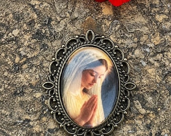 Magnifique centre de table chapelet catholique en cabochon fait main | Cabochon en verre artisanal | Image mariale vintage | Pendentif connecteur en bronze