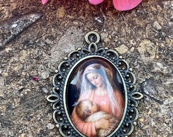 Handcrafted Beautiful Catholic Cabochon Pendant | Handmade Glass Cabochon | Vintage Marian Image | Bronze Connector Pendant
