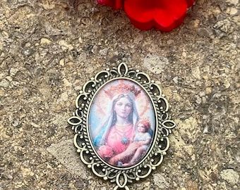 Magnifique centre de table chapelet catholique en cabochon fait main | Cabochon en verre artisanal | Image mariale vintage | Pendentif connecteur en bronze