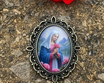 Magnifique centre de table chapelet catholique en cabochon fait main | Cabochon en verre artisanal | Image mariale vintage | Pendentif connecteur en bronze