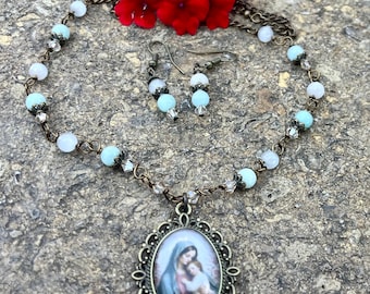 Blessed Mother Graceful Religious Pendant and Earring Set...Wire-Wrapped, Handcrafted
