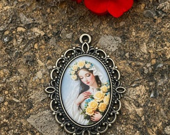 Pendentif cabochon catholique artisanal | Cabochon en verre fait main | Image mariale vintage | Pendentif connecteur en bronze