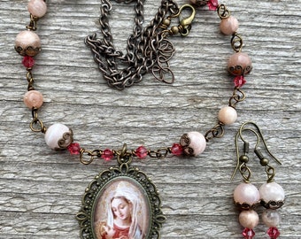 Blessed Mother Graceful Religious Pendant and Earring Set...Wire-Wrapped, Handcrafted