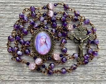 Beautiful Blessed Mother Wire Wrapped Rosary! Lovely, Durable...