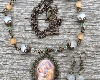 Blessed Mother Graceful Religious Pendant and Earring Set...Wire-Wrapped, Handcrafted